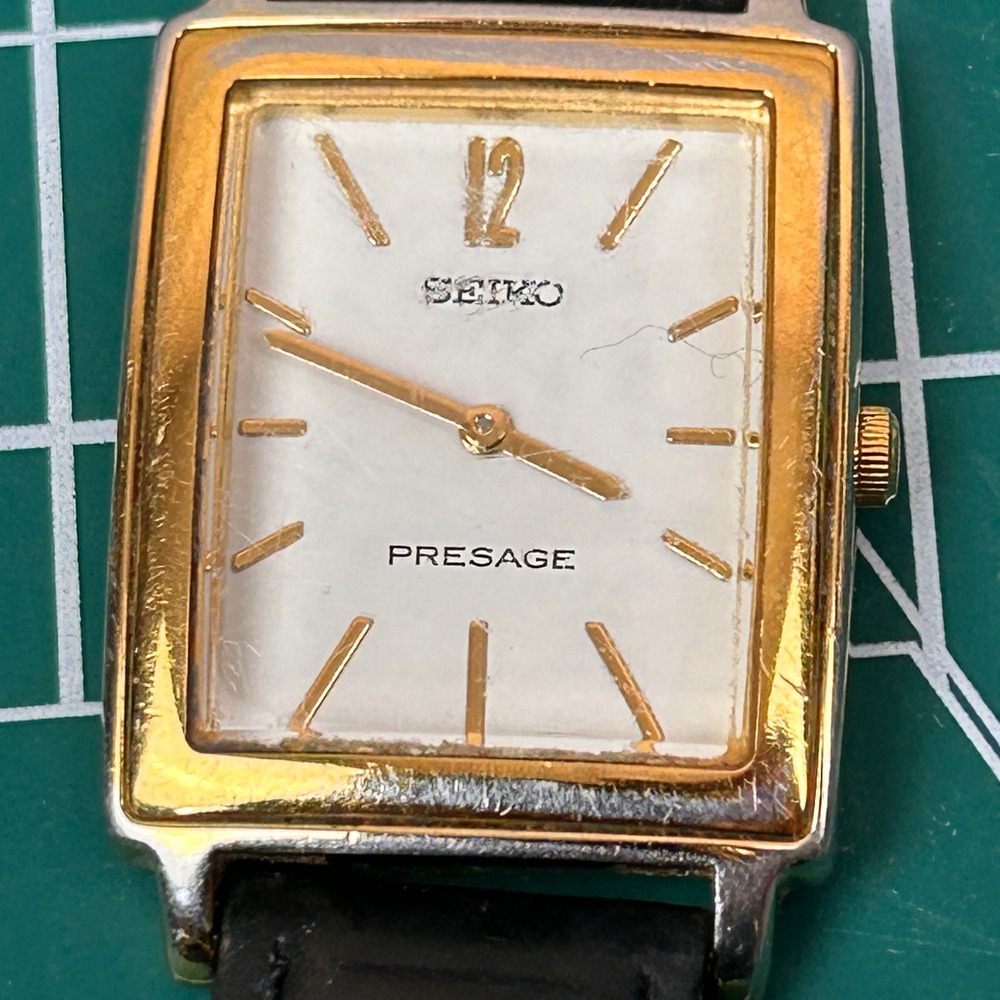 Seiko Presage Rectangular Gold Tone White Dial Men's Dress Watch Coach Band